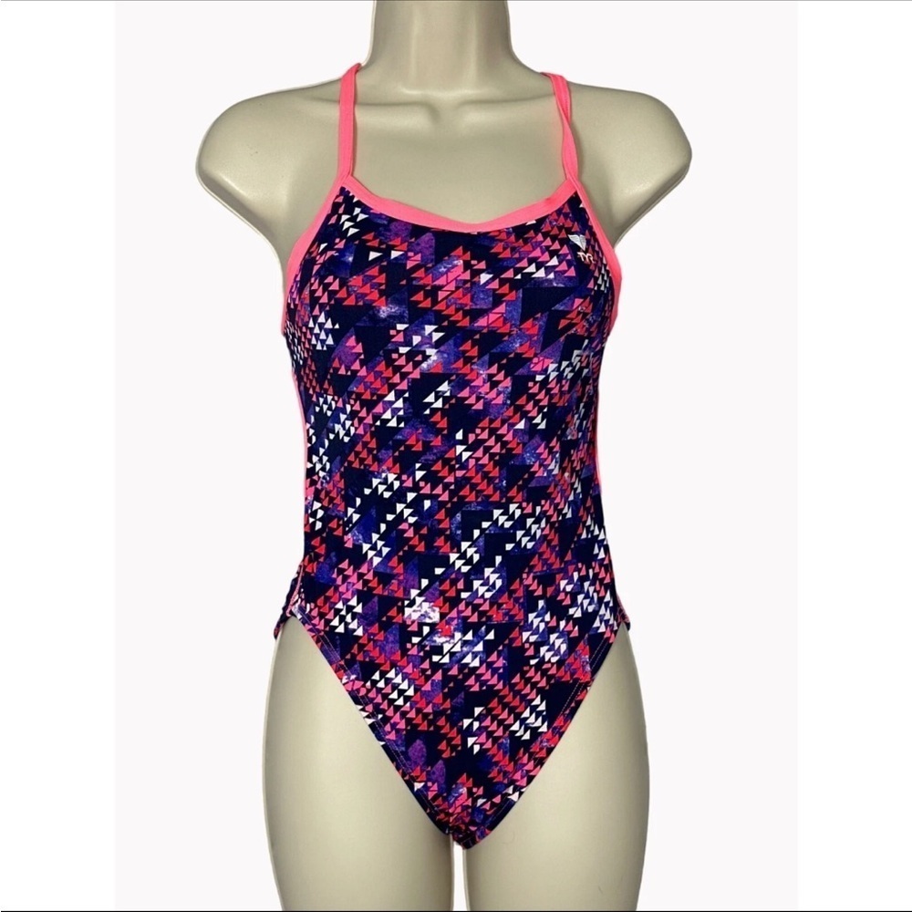 TYR Diamond-Fit Swimsuit Size 8/34 in Pink Blue Purple Geometric Pattern 68